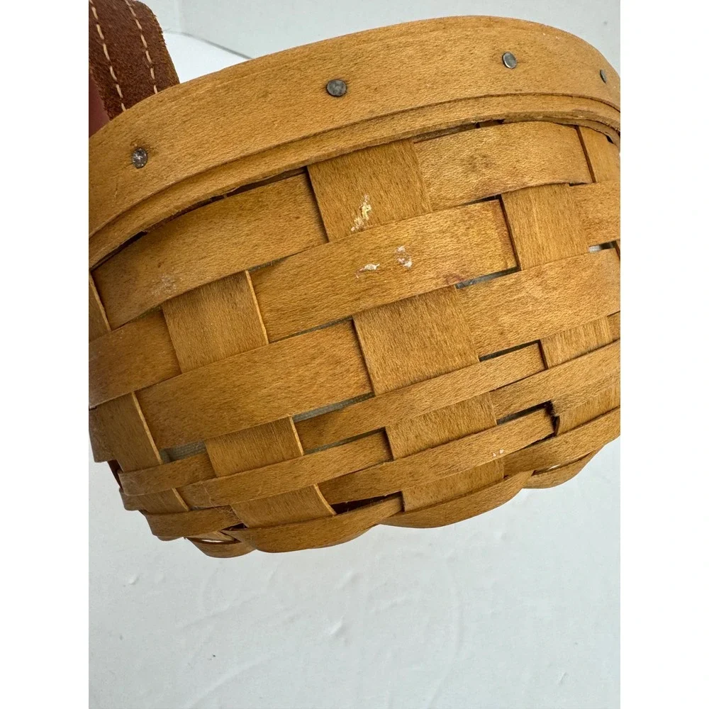 Longaberger 2006 Round Woven Basket Leather Handles Botanical Liner Protector